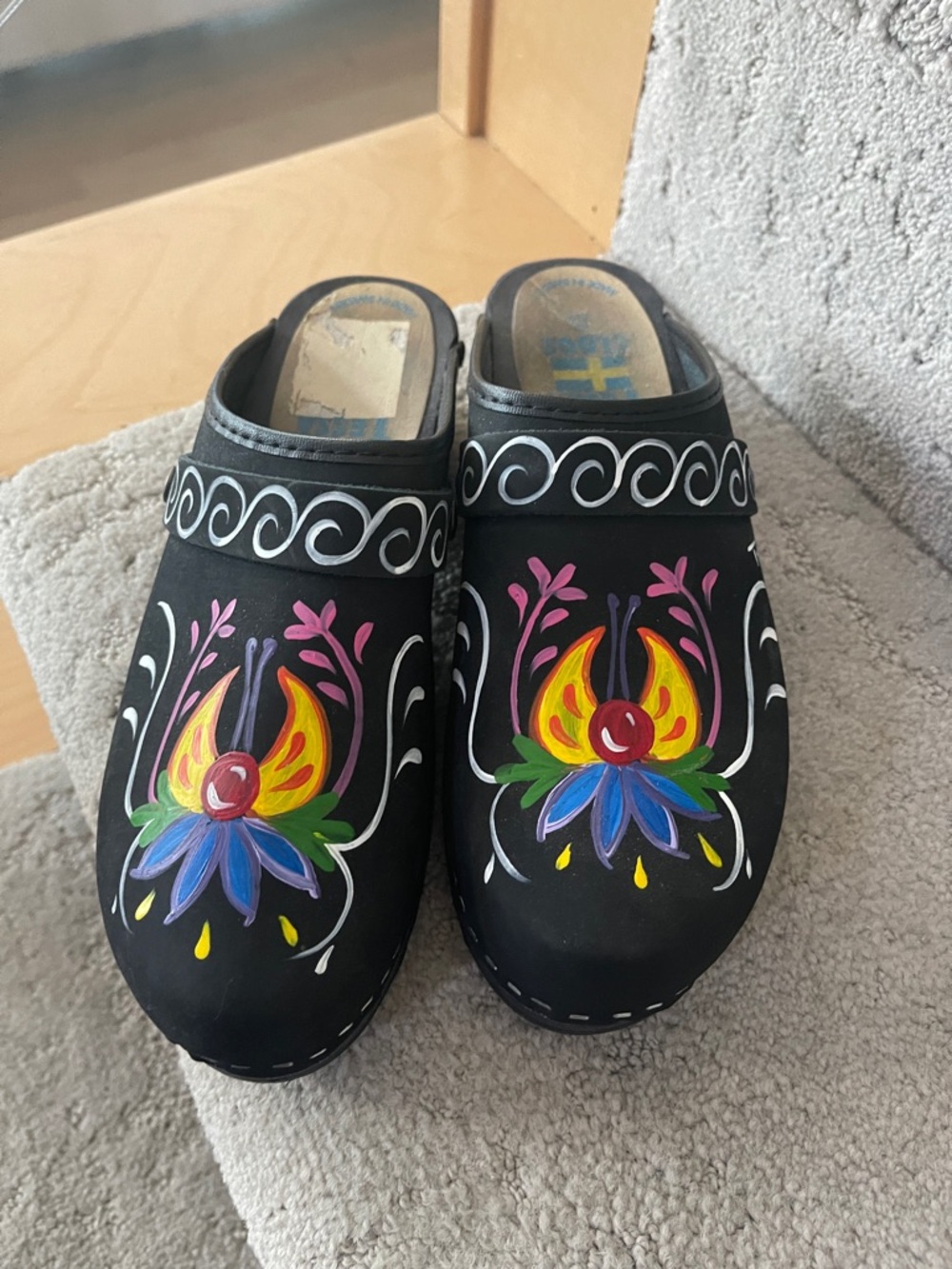 Hand-Painted Black Floral Clogs